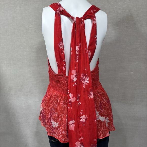 Free People Smocked Floral Halter Tank Top Back Tie Medium Red Boho Indie Resort - Picture 2 of 9